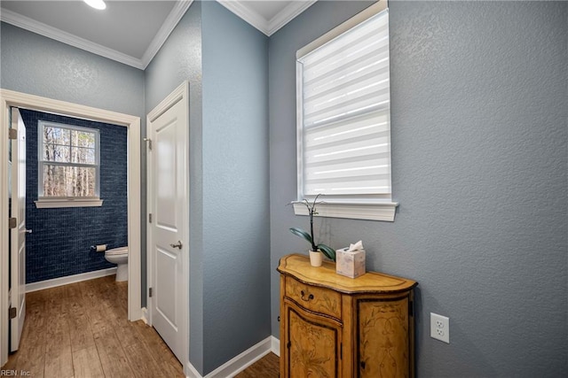 531 Middleton Way, Chesapeake, VA 23322 - bathroom featuring crown molding, wood finished floors, toilet, baseboards, and a textured wall