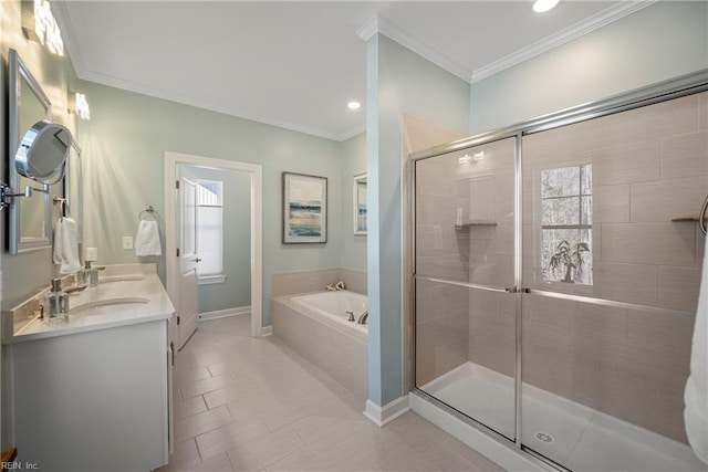 531 Middleton Way, Chesapeake, VA 23322 - full bathroom with a garden tub, a stall shower, double vanity, crown molding, and recessed lighting