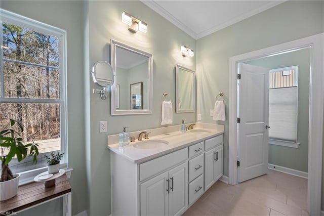531 Middleton Way, Chesapeake, VA 23322 - full bath featuring double vanity, healthy amount of natural light, ornamental molding, baseboards, and tile patterned flooring