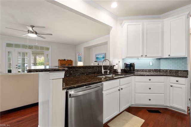 313 Preservation Reach Reach, Chesapeake, VA 23320 - kitchen with dishwasher, a sink, dark wood finished floors, ornamental molding, and a ceiling fan
