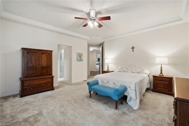 313 Preservation Reach Reach, Chesapeake, VA 23320 - bedroom featuring a tray ceiling, light carpet, crown molding, a ceiling fan, and baseboards