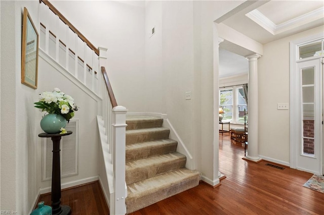 313 Preservation Reach Reach, Chesapeake, VA 23320 - stairway with wood finished floors, decorative columns, baseboards, and ornamental molding