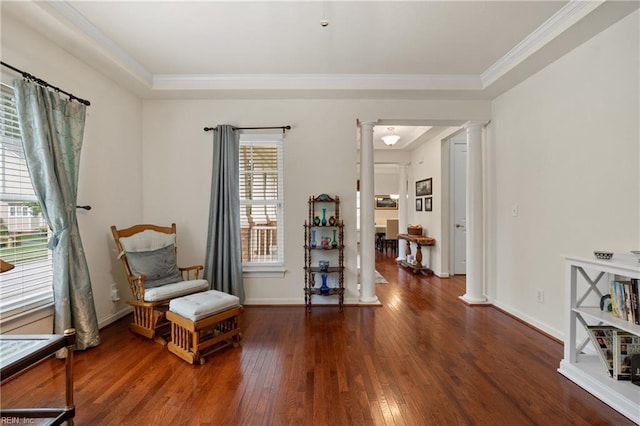 313 Preservation Reach Reach, Chesapeake, VA 23320 - sitting room featuring decorative columns, wood-type flooring, crown molding, and baseboards
