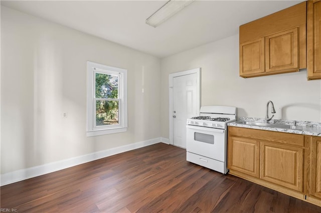 834 W 41st St, Norfolk, VA 23508 - kitchen featuring white gas stove, dark wood-type flooring, a sink, baseboards, and brown cabinetry