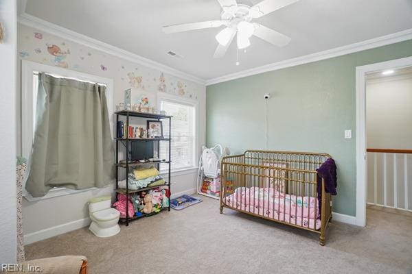 1918 Prentis Ave, Portsmouth, VA 23704 - carpeted bedroom with crown molding, baseboards, and ceiling fan