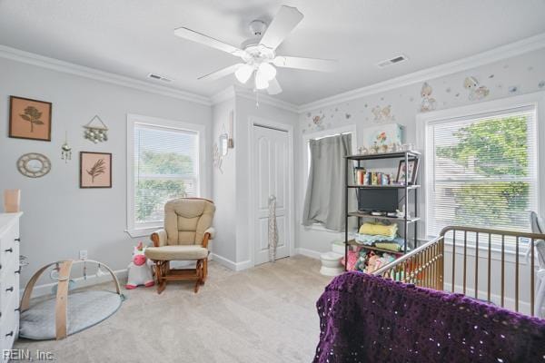 1918 Prentis Ave, Portsmouth, VA 23704 - bedroom with multiple windows, carpet, ornamental molding, baseboards, and ceiling fan
