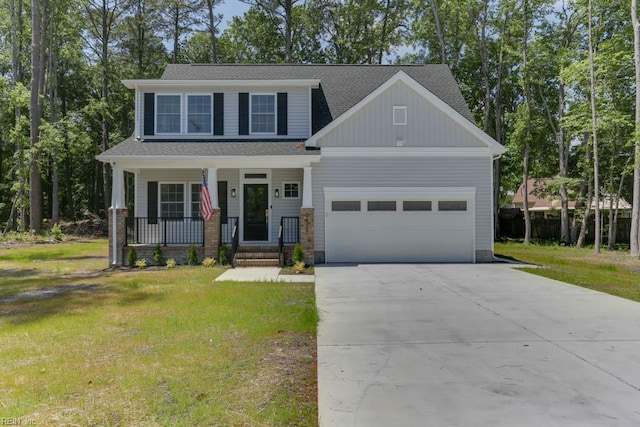 2417 Cedar Rd, Chesapeake, VA 23323 - craftsman-style home with a front lawn, a porch, an attached garage, concrete driveway, and roof with shingles