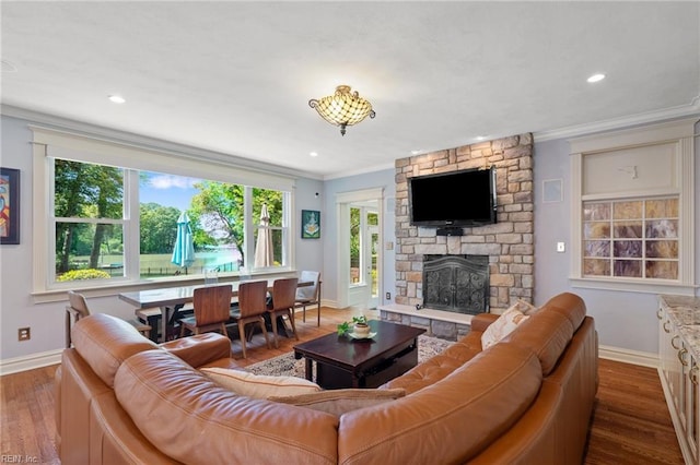 511 Brackenridge Ave, Norfolk, VA 23505 - living area featuring ornamental molding, baseboards, a stone fireplace, wood finished floors, and recessed lighting