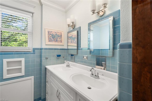 511 Brackenridge Ave, Norfolk, VA 23505 - bathroom featuring double vanity, tile walls, ornamental molding, and wainscoting