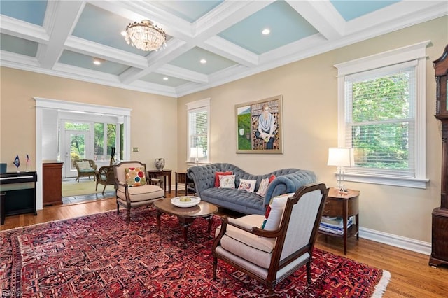 511 Brackenridge Ave, Norfolk, VA 23505 - living room featuring wood finished floors, coffered ceiling, beam ceiling, baseboards, and a chandelier