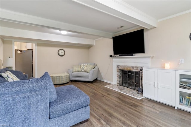 8 Assembly Ct, Newport News, VA 23606 - living room with a premium fireplace, wood finished floors, ornamental molding, and beam ceiling