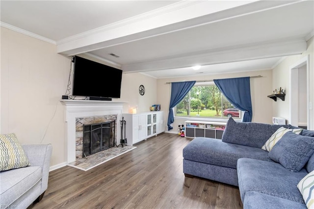 8 Assembly Ct, Newport News, VA 23606 - living room with a high end fireplace, wood finished floors, ornamental molding, beamed ceiling, and baseboards