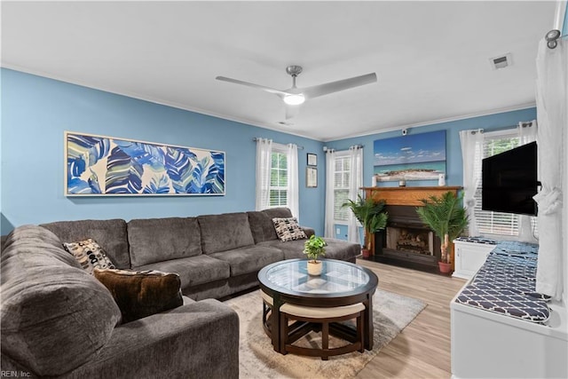 3012 Trappers Run, Chesapeake, VA 23321 - living area featuring ornamental molding, a ceiling fan, light wood-type flooring, and a fireplace