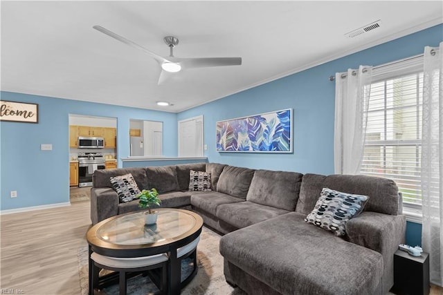 3012 Trappers Run, Chesapeake, VA 23321 - living area featuring light wood-type flooring, baseboards, a ceiling fan, and crown molding