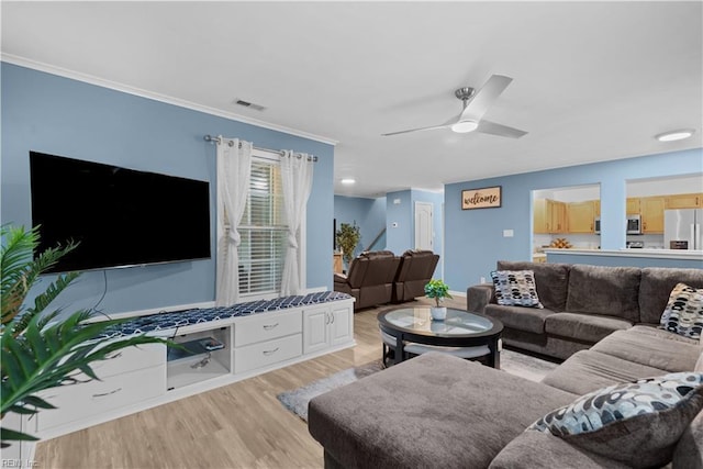 3012 Trappers Run, Chesapeake, VA 23321 - living room with light wood-type flooring, a ceiling fan, and ornamental molding