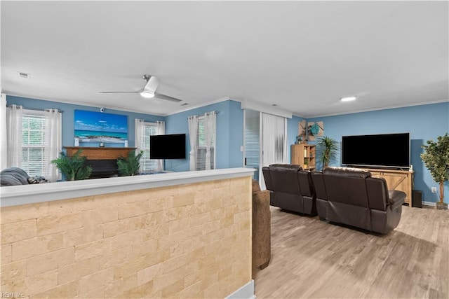 3012 Trappers Run, Chesapeake, VA 23321 - living room with plenty of natural light, light wood-style floors, a fireplace, a ceiling fan, and crown molding