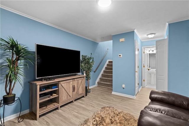 3012 Trappers Run, Chesapeake, VA 23321 - living room featuring stairway, light wood-type flooring, baseboards, and crown molding