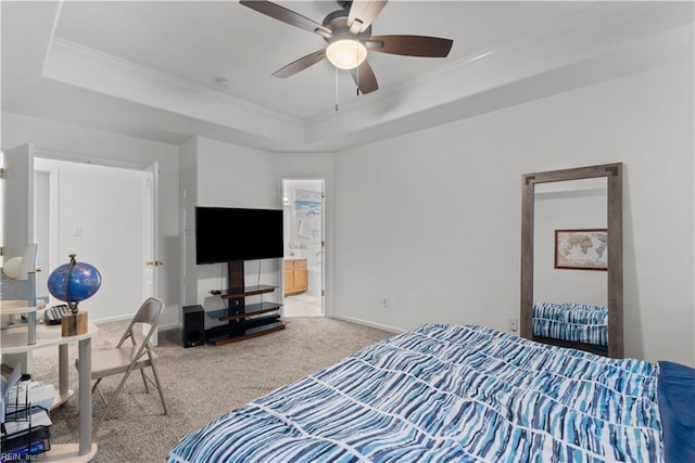 3012 Trappers Run, Chesapeake, VA 23321 - carpeted bedroom with a tray ceiling, ornamental molding, baseboards, a ceiling fan, and connected bathroom