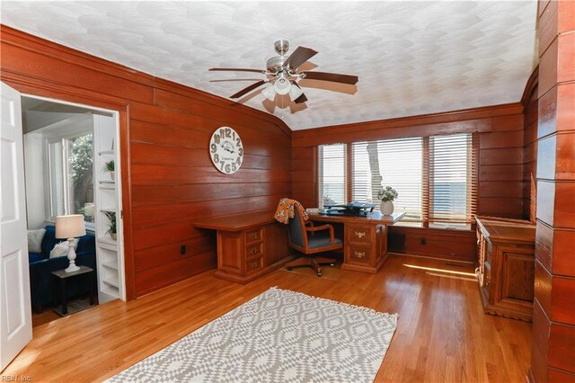 609 River Rd, Newport News, VA 23601 - office featuring a ceiling fan, light wood-style flooring, and wooden walls