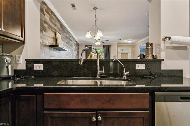 418 Fishers Ct, Hampton, VA 23666 - kitchen featuring stainless steel dishwasher, a sink, crown molding, dark brown cabinets, and dark stone counters