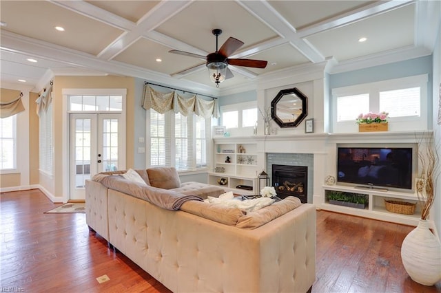 3304 Dodd Dr, Chesapeake, VA 23323 - living room featuring a glass covered fireplace, hardwood / wood-style flooring, a ceiling fan, ornamental molding, and coffered ceiling