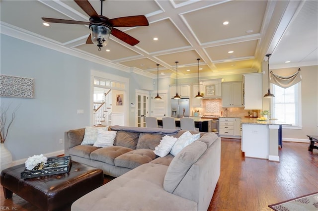 3304 Dodd Dr, Chesapeake, VA 23323 - living area featuring stairs, ceiling fan, coffered ceiling, dark wood-type flooring, and baseboards