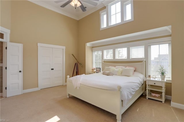 3304 Dodd Dr, Chesapeake, VA 23323 - bedroom featuring a high ceiling, carpet, baseboards, crown molding, and a ceiling fan