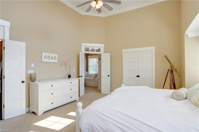 3304 Dodd Dr, Chesapeake, VA 23323 - bedroom featuring a towering ceiling, light colored carpet, a ceiling fan, and crown molding