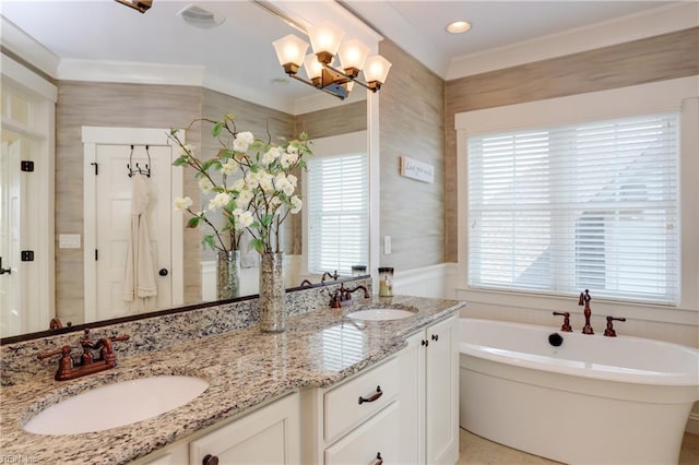 3304 Dodd Dr, Chesapeake, VA 23323 - bathroom featuring a soaking tub, double vanity, and a chandelier