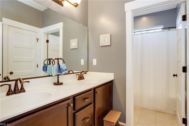 3304 Dodd Dr, Chesapeake, VA 23323 - bathroom with double vanity, tile patterned flooring, and a shower with shower curtain
