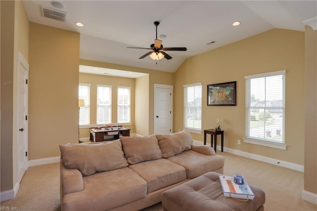 3304 Dodd Dr, Chesapeake, VA 23323 - living room featuring lofted ceiling, light carpet, ceiling fan, baseboards, and recessed lighting