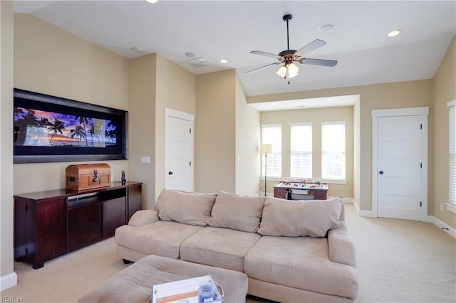 3304 Dodd Dr, Chesapeake, VA 23323 - living area with light carpet, a ceiling fan, baseboards, and recessed lighting