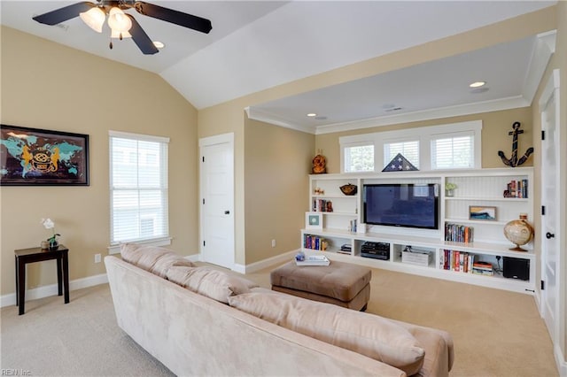 3304 Dodd Dr, Chesapeake, VA 23323 - living room with ceiling fan, carpet flooring, healthy amount of natural light, baseboards, and vaulted ceiling