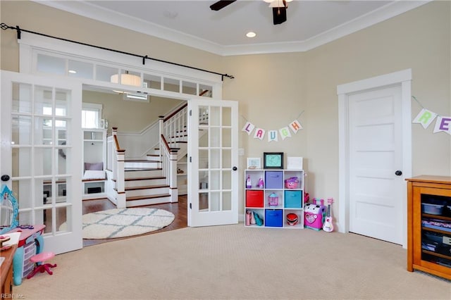 3304 Dodd Dr, Chesapeake, VA 23323 - game room with french doors, ceiling fan, and ornamental molding
