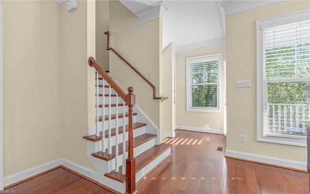3964 W Stratford Rd, Virginia Beach, VA 23455 - stairs featuring wood finished floors, baseboards, and crown molding