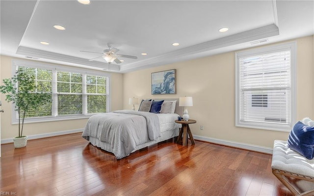 3964 W Stratford Rd, Virginia Beach, VA 23455 - bedroom featuring a raised ceiling, wood-type flooring, baseboards, crown molding, and recessed lighting