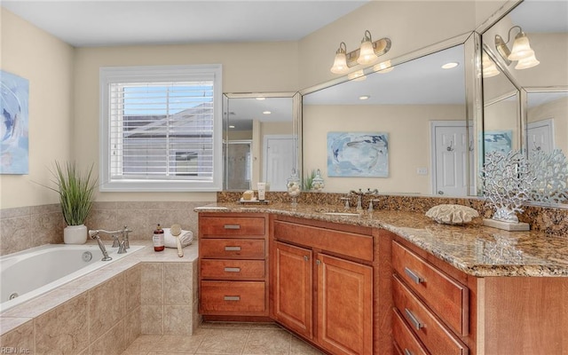 3964 W Stratford Rd, Virginia Beach, VA 23455 - bathroom with vanity, a bath, a shower with door, tile patterned floors, and recessed lighting