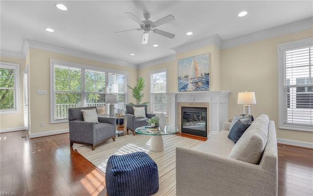 3964 W Stratford Rd, Virginia Beach, VA 23455 - living room with a ceiling fan, baseboards, a glass covered fireplace, hardwood / wood-style flooring, and recessed lighting
