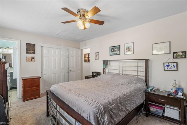 3404 Dickens Dr, Virginia Beach, VA 23452 - bedroom featuring attic access, light carpet, a closet, and ceiling fan