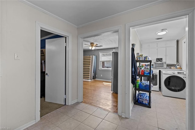 109 Sykes Ave, Portsmouth, VA 23701 - laundry area featuring light tile patterned flooring, baseboards, ceiling fan, and crown molding