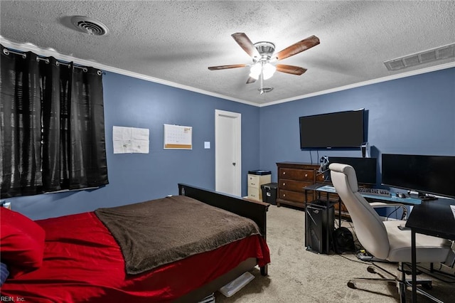 109 Sykes Ave, Portsmouth, VA 23701 - bedroom with a textured ceiling, crown molding, carpet, ceiling fan, and an office area