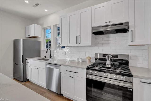 1028 W 36th St, Norfolk, VA 23508 - kitchen with appliances with stainless steel finishes, under cabinet range hood, a sink, white cabinets, and backsplash