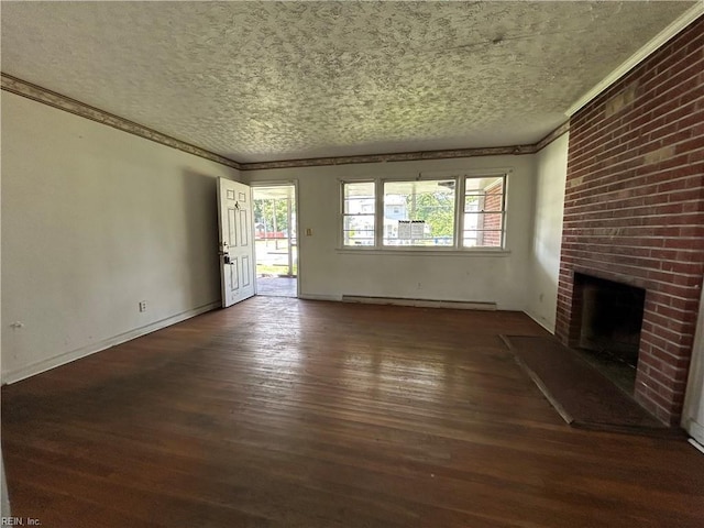 1702 Marshall Ave, Newport News, VA 23607 - unfurnished living room with a baseboard radiator, crown molding, wood finished floors, a fireplace, and a textured ceiling