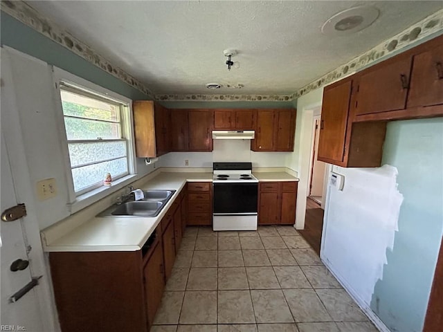 1702 Marshall Ave, Newport News, VA 23607 - kitchen with electric range oven, a sink, under cabinet range hood, brown cabinets, and light countertops