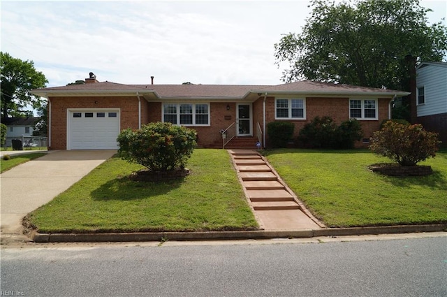 9 Chowning Dr, Hampton, VA 23664 - ranch-style home featuring concrete driveway, an attached garage, brick siding, a front lawn, and a chimney
