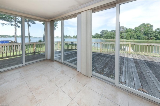 101 Elmhurst Ln, Portsmouth, VA 23701 - unfurnished sunroom featuring tile patterned flooring, a deck with water view, and crown molding