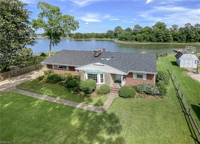 101 Elmhurst Ln, Portsmouth, VA 23701 - view of front facade featuring a water view, brick siding, roof with shingles, and a chimney