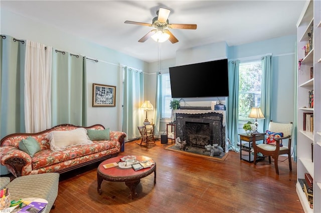 218 Mt Vernon Ave, Portsmouth, VA 23707 - living room with a fireplace with flush hearth, ceiling fan, and wood finished floors