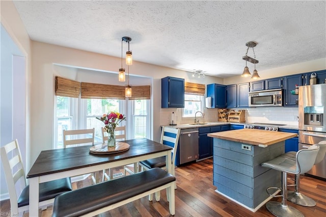 11 Thomas Athey Ct, Hampton, VA 23666 - kitchen with stainless steel appliances, blue cabinets, a sink, wood counters, and a textured ceiling