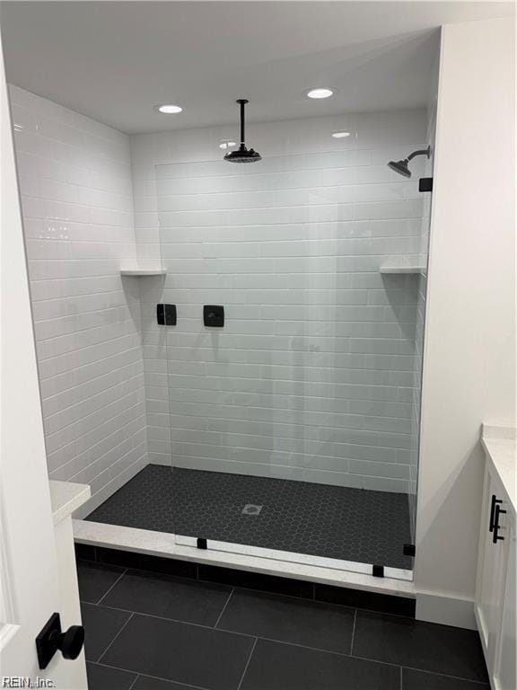 617 Dam Neck Rd, Virginia Beach, VA 23454 - bathroom featuring tile patterned floors, vanity, a stall shower, and recessed lighting